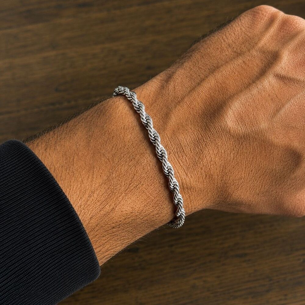 Mens Twisted Rope Chain Bracelet Set Silver Tone Matching Necklace